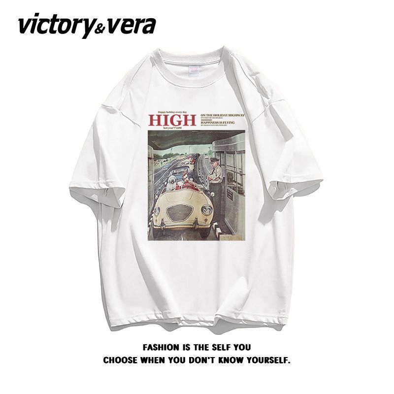 VICTORYVERA美式复古潮牌短袖T恤女夏季2022新款宽纯棉松半袖体恤