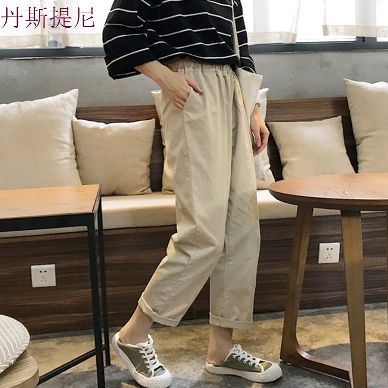 2018秋装韩版松紧腰休闲裤宽松复古工装直筒裤九分裤阔腿裤女学生