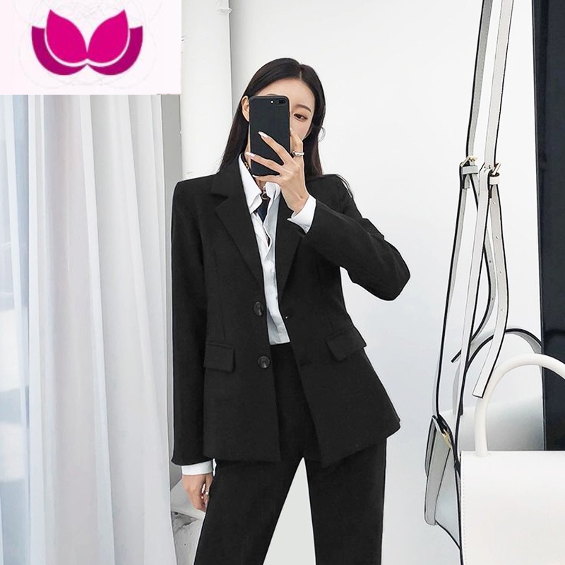 七斓西装套装女大学生答辩教资面试正装气质西服职业装工作服外套 XL116-128斤 黑色春秋款外套+裤子