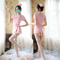 女士情趣内衣护士服职业制服套装V字连衣裙超短齐臀丁字内裤女式情趣睡衣透视性感开档学生睡裙后入式诱惑长夜漫漫成人美女性用品 均码80-130斤 粉色头饰+连衣裙+内裤+网袜