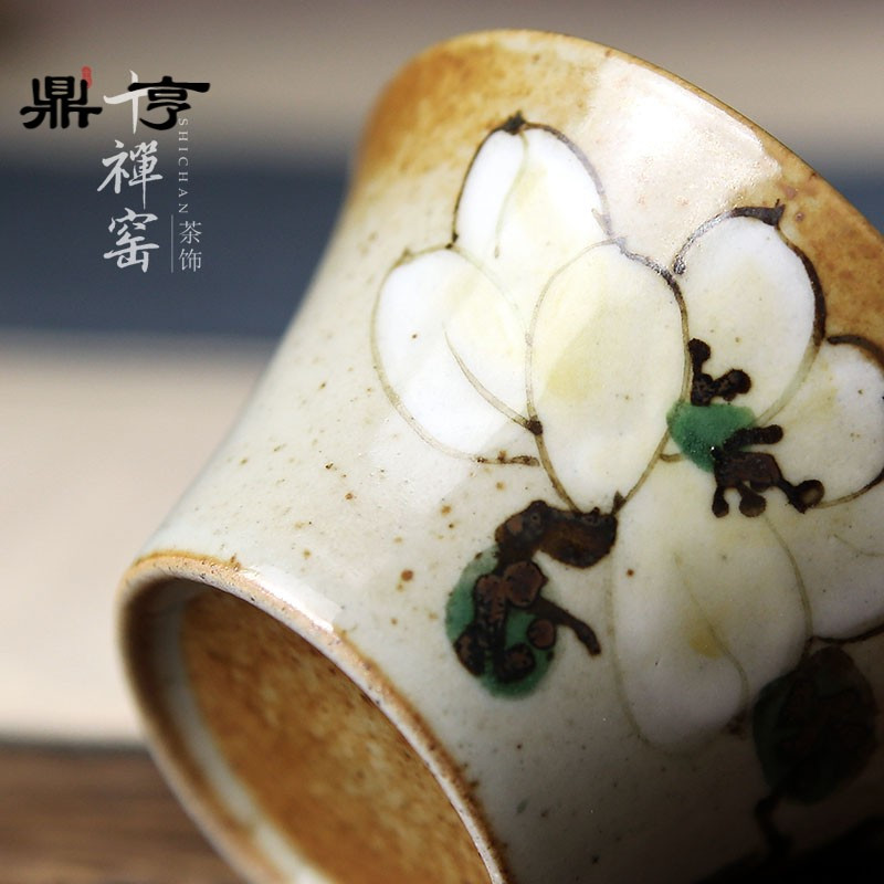 鼎亨 仿柴烧老岩泥品茗杯 景德镇手绘写意花卉麦穗主人杯 茶具
