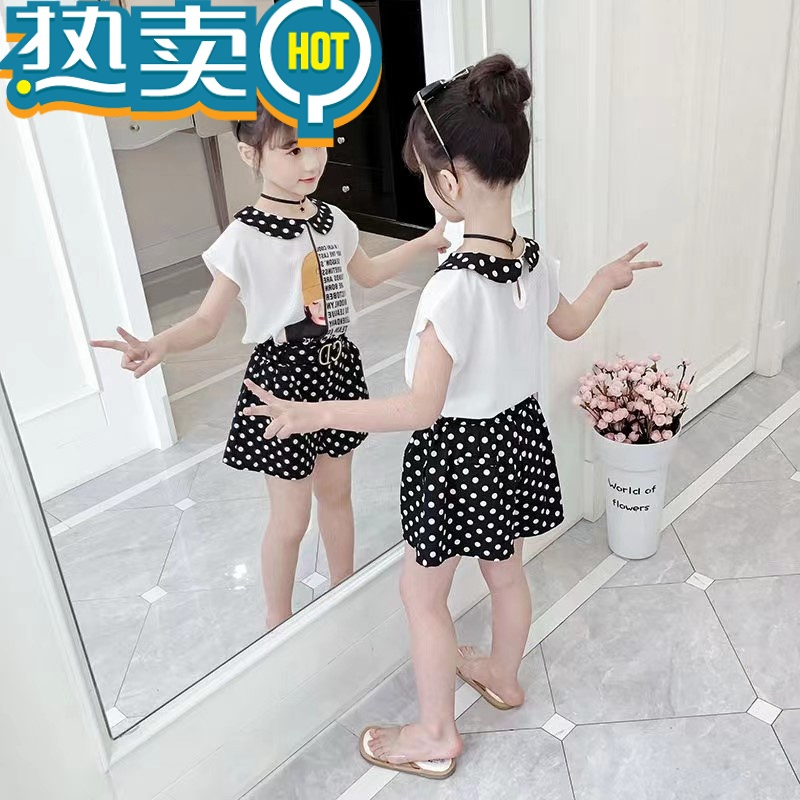 绿彩虹光女;童套装夏装2022新款韩版儿童童装女孩洋气短袖时髦两件套短.