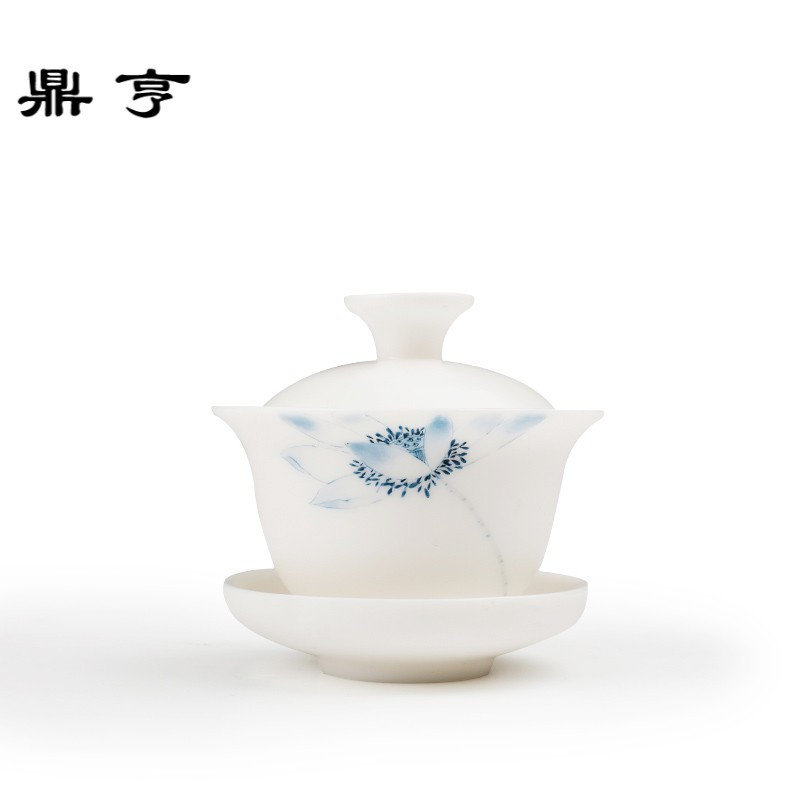 鼎亨玉瓷手绘盖碗敬茶杯德化白茶碗大号泡茶三才碗功夫茶具手抓壶