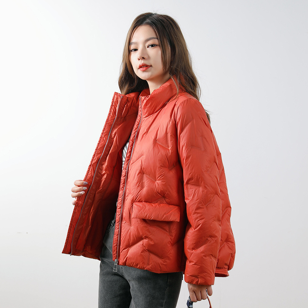 新款简约女式90绒女装立领压胶纯色羽绒服短款大码外套_6731高清大图