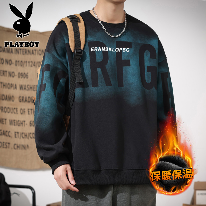 花花公子新款高品质加绒卫衣男2025秋冬新款圆领卫衣男宽松潮牌字母印花上衣圆领款潮高清大图