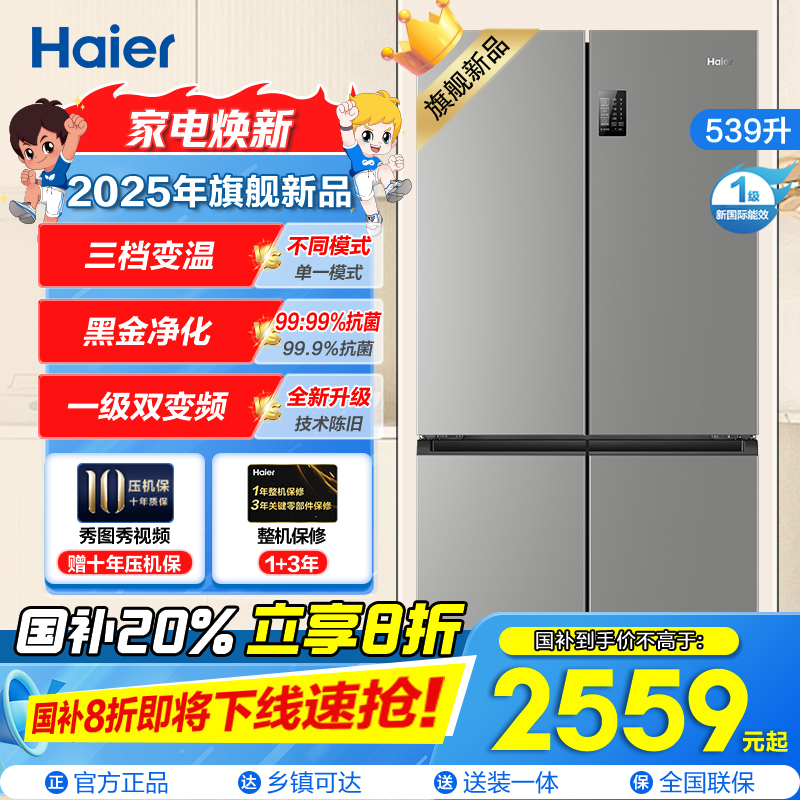 海尔(Haier)539L大容量三档变温黑金净化一级双变频WIFI智能联网旗舰新品 BCD-539WGHTDEDH9U1
