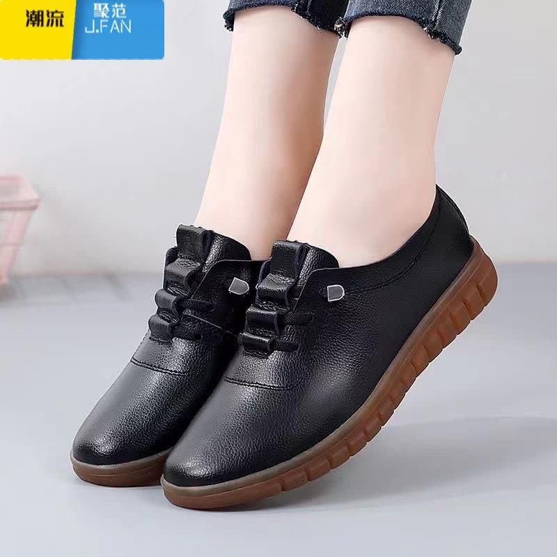 聚范牛筋底皮面防水防滑厨房鞋上班工作单鞋妈妈黑色皮鞋老北京布鞋女图片