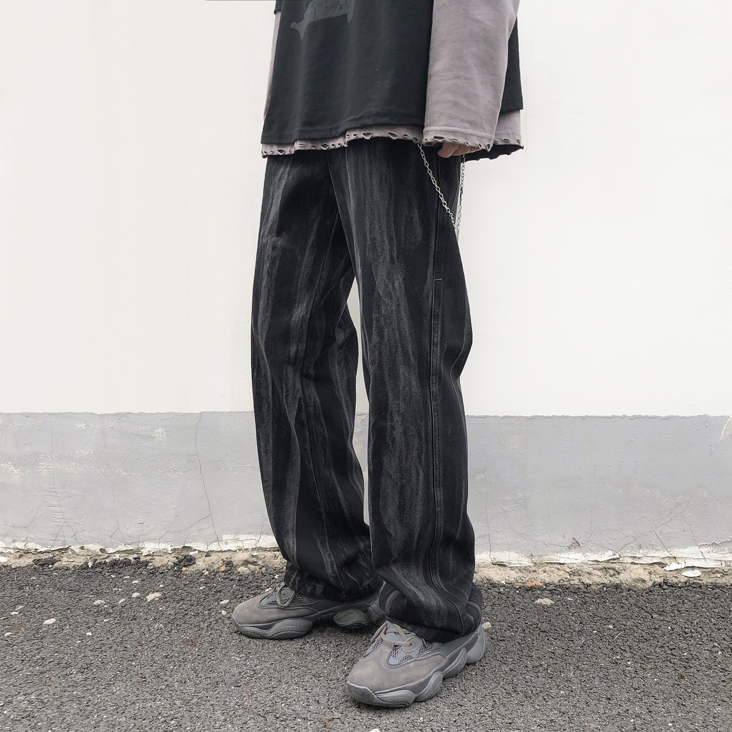 new lake网红牛仔裤男潮牌宽松坠感阔腿高街长裤子痞帅嘻哈拖地裤潮流