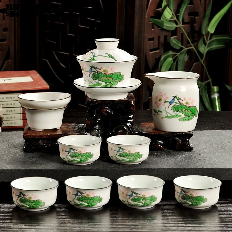 茶具套装家用功夫茶具套装彩绘陶瓷茶杯茶台备盖碗家居家用生活日用家庭清洁生活日用家居器皿水具水杯套装