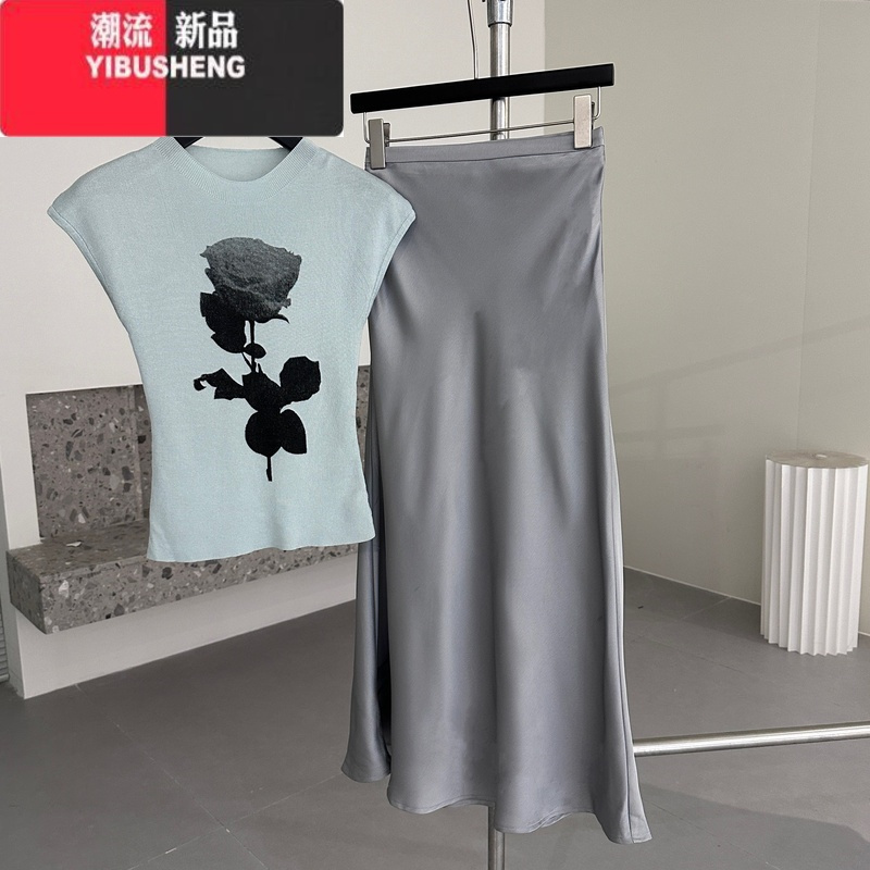 YIBUSHENG法式设计感玫瑰花冰丝针织短袖t恤女季修身短款小飞袖坎肩上衣