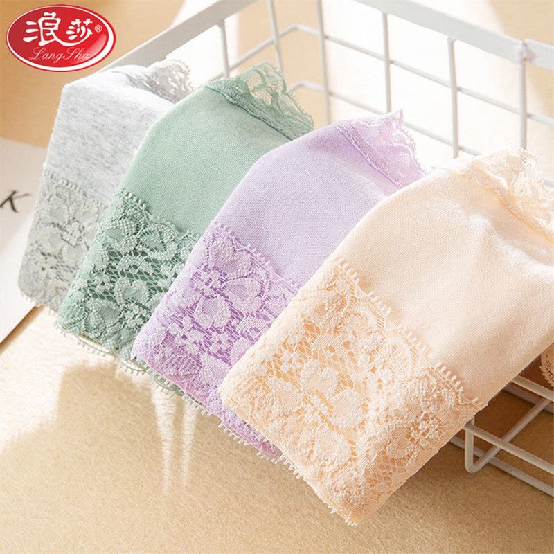 浪莎langsha女士纯棉内裤女高腰收腹短裤衩少女学生日系蕾丝三角裤头4条图片