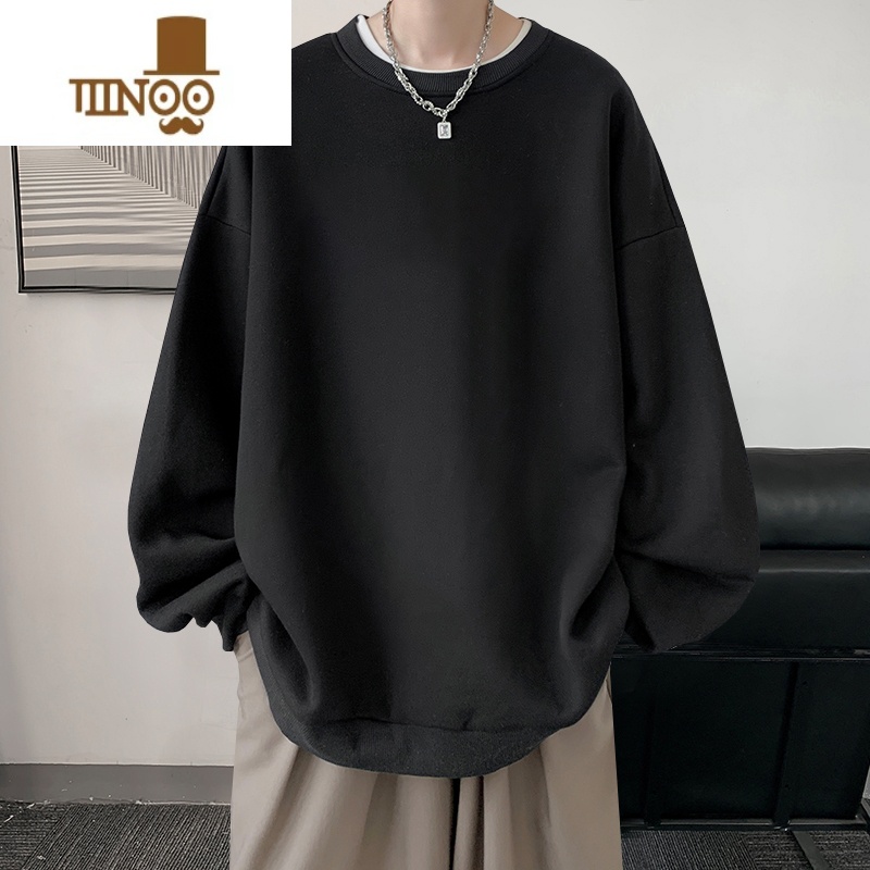 YANXU美式圆领长袖卫衣打底衫男装ins休闲潮流白色短袖t恤男学生上衣服高清大图