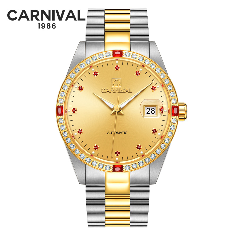 瑞士嘉年华Carnival正品手表男士全自动机械表 男表金色金属精钢夜光大日历放大镜休闲时尚防水商务腕表8003G金色表 间金金色面