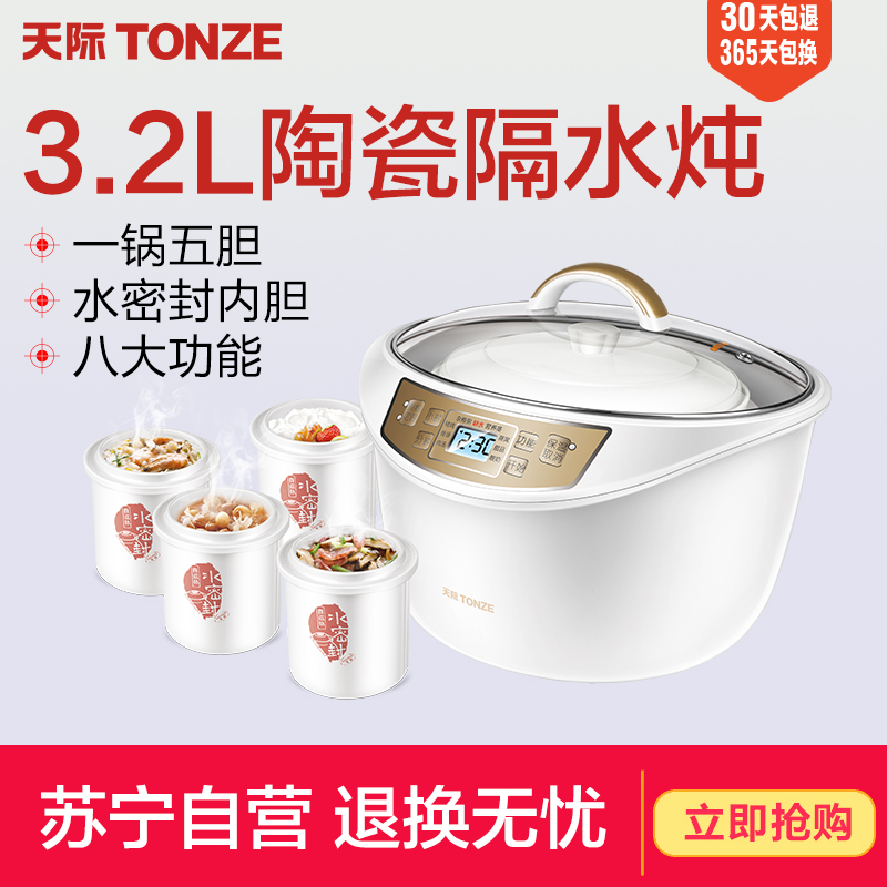 天际DGD32-W132B水密封隔水炖盅电炖锅陶瓷内胆煮粥煲汤锅一锅五胆养生电炖锅全自动预约定时3-4L/3.2升