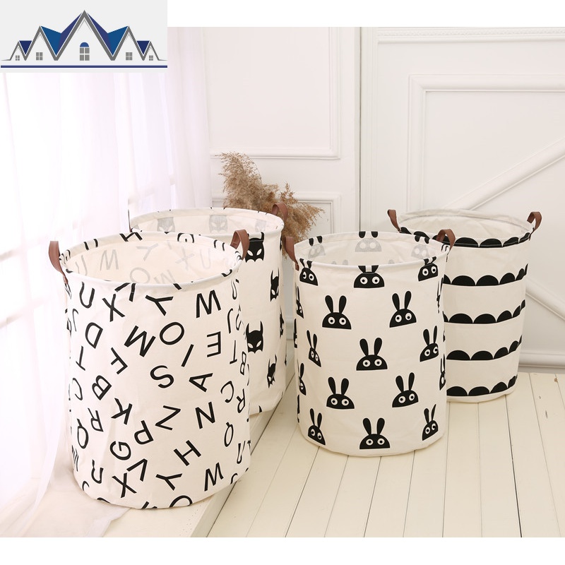 INS北欧风家居儿童玩具收纳桶 皮把手防水整理储物桶棉麻脏衣篮 三维工匠收纳篮高清大图