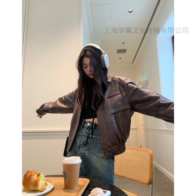 海宁新款咖啡街区休闲复古绵羊皮革真皮皮衣女韩版夹克外套女