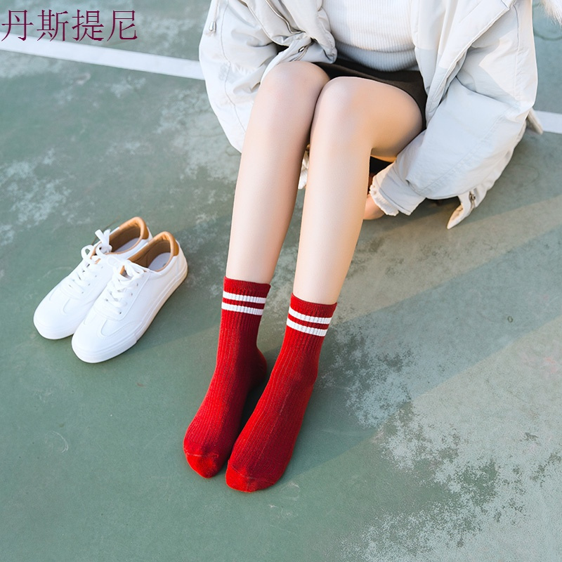 袜子女中筒纯棉袜韩版学院风日系短筒可爱运动风二杠秋款长袜短袜