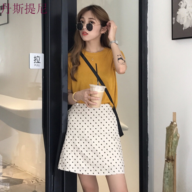 韩版时尚休闲套装夏季女装气质冰爽针织衫+波点包臀半身裙两件套