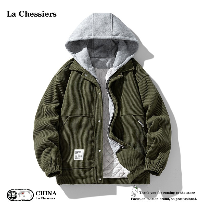 官方灯芯绒假两件棉服男生冬季宽松连帽夹棉外套情侣棉衣潮牌夹克