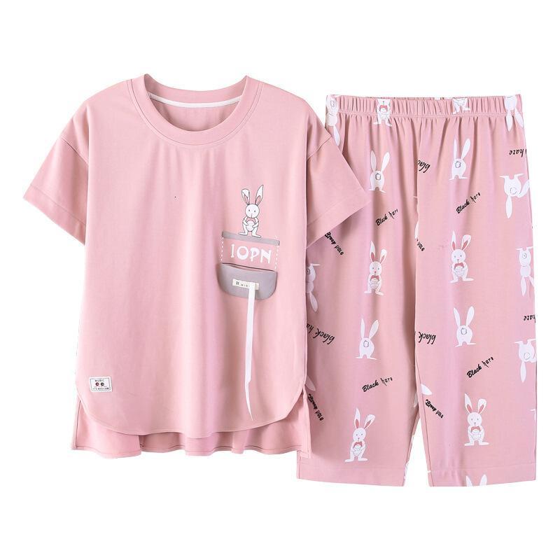 夏季新款少女睡衣韩版潮流清新粉色印花短袖七分裤家居服