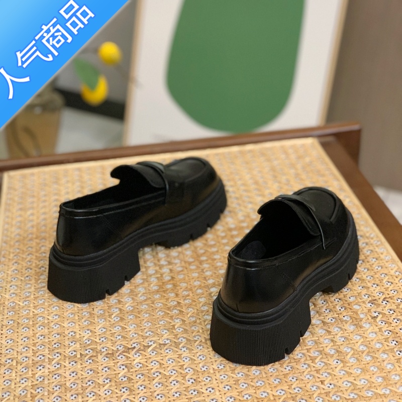 SUNTEK厚底乐福鞋女鞋2023新款春秋季英伦风黑色松糕jk单鞋一脚蹬小皮鞋高清大图