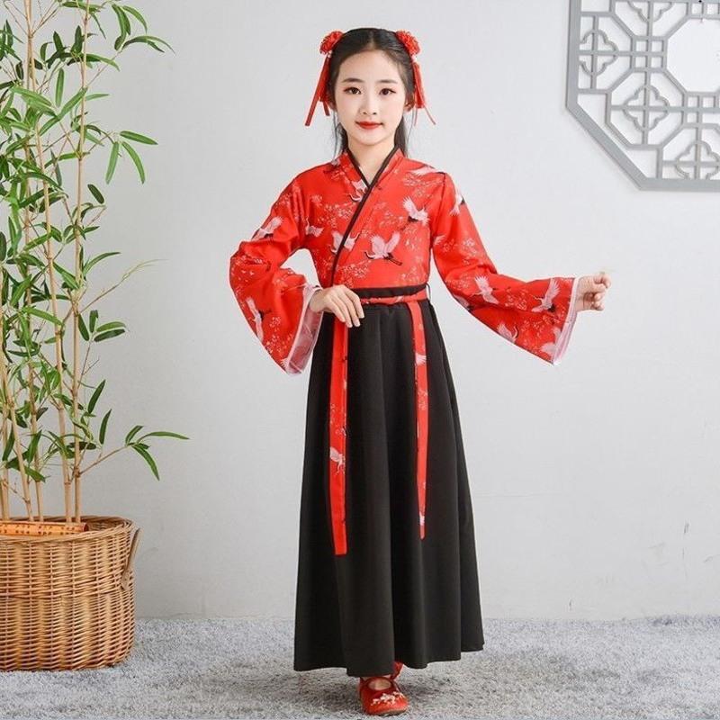 儿童古装公子汉服男童国学表演服小孩书童演出服女中国风学生套装红鹤