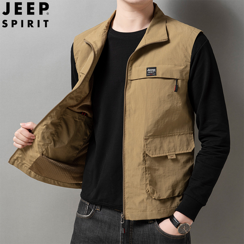 JEEPSPIRIT春季男士马甲外穿休闲立领户外运动速干背心帅气马夹 L 卡其色