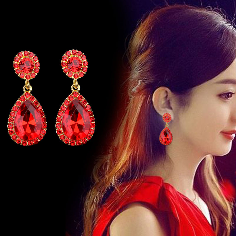 新娘耳环结婚红色钻长款耳坠无耳洞夹中国风复古旗袍走秀耳配饰