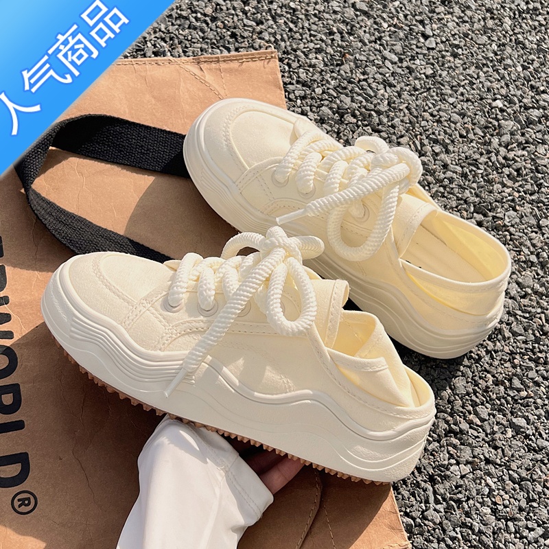 SUNTEK帆布鞋女半拖两穿夏季小白鞋2023新款小众原创休闲运动百鞋高清大图