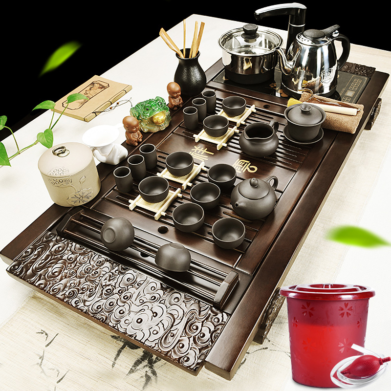 欧宝美紫砂功夫茶具套装家用简约陶瓷茶杯电热磁炉茶台茶道实木茶盘