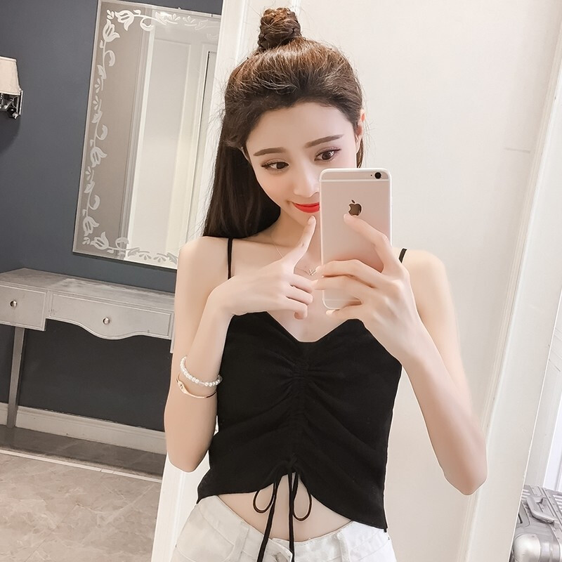 夏季新款无袖性感抽绳打底复古chic港味上衣外穿针织小带背心女 黑色 均码