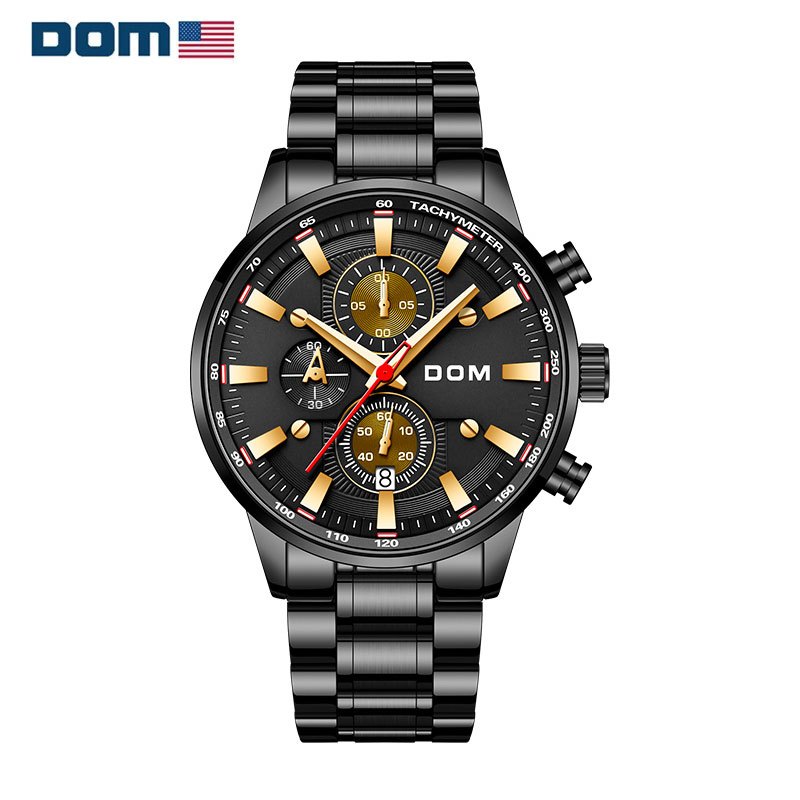 美国dom多姆品牌手表男士时尚潮流多功能跑秒计时三眼男石英表经典