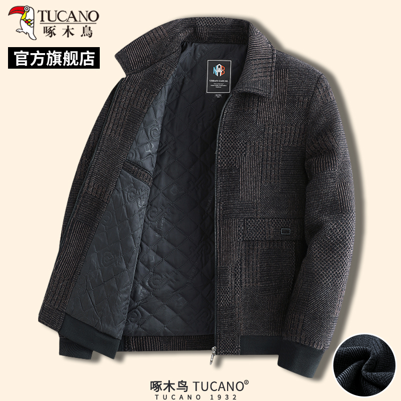 啄木鸟冬季新款男士中年呢子大衣爸爸装保暖夹克外套加棉上衣服衣高清大图