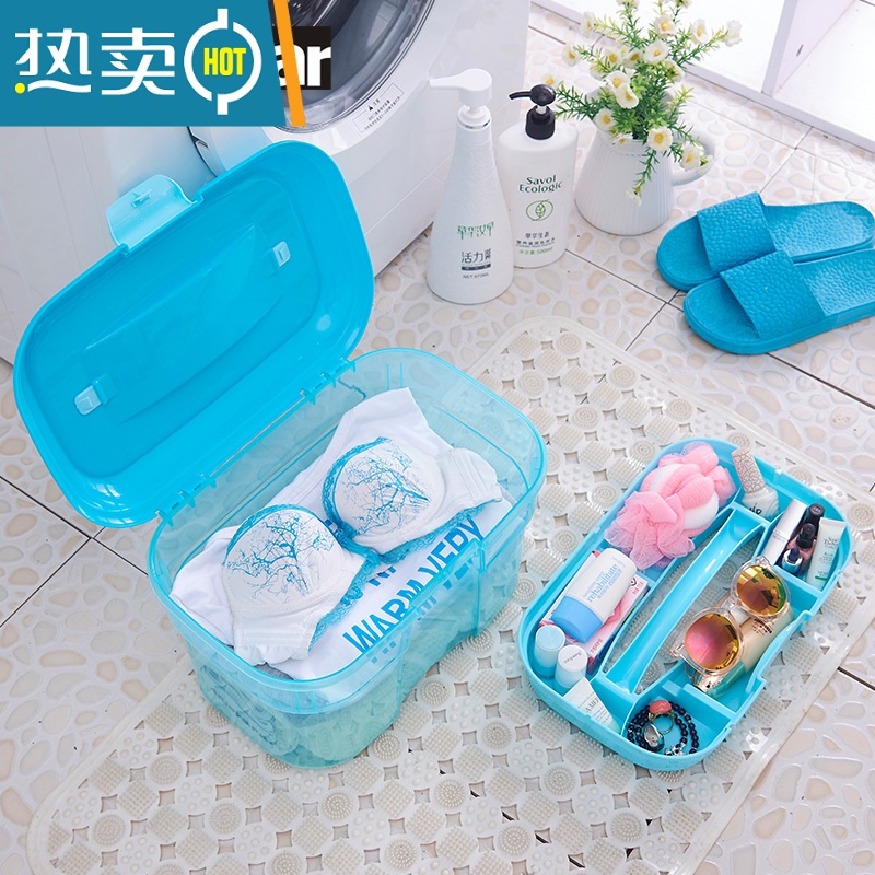 XIANCAI手提游泳箱收纳盒透明塑料玩具整理箱迷你小号干湿分离包防水有盖高清大图