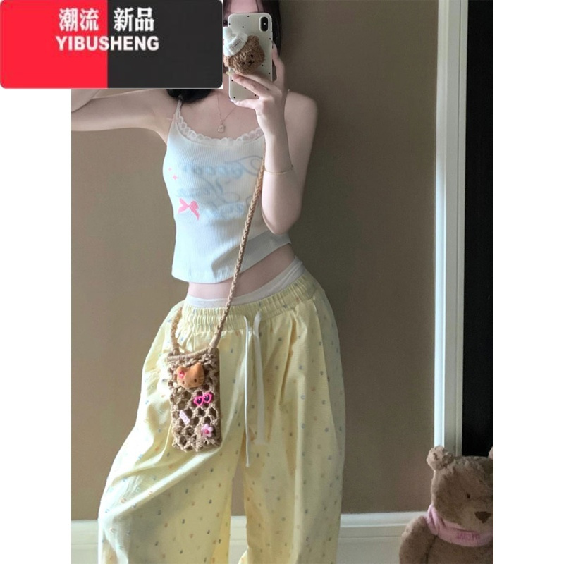 YIBUSHENG美式高街多巴胺穿搭黄色波点休闲裤女季薄款宽松垂感直筒阔腿裤