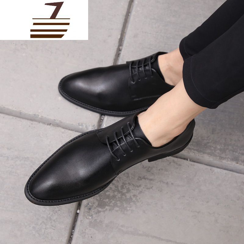 尗卡皮鞋男韩版正装套脚一脚蹬尖头潮黑色增高英伦透气商务休闲鞋