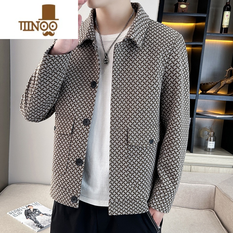 YANXU格子外套男感痞帅潮牌翻领夹克男装韩版休闲百搭短款风衣高清大图