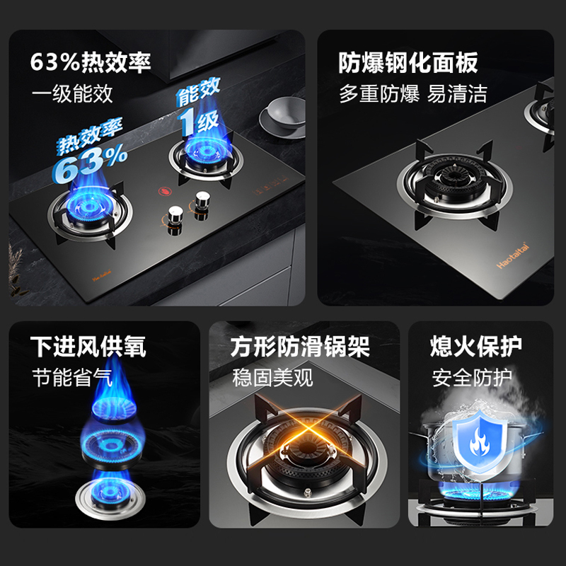 Haotaitai家用燃气灶JZY-X406 5.0kW大火力可调底壳换灶不开孔防爆钢化面板多重安全防护液化气高清大图