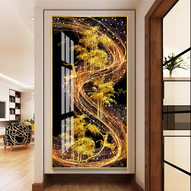 轻奢挂画玄关装饰画竖版入户晶瓷画风水走廊过道 仙鹿金树 90*180cm晶瓷画(晶瓷工艺+金属框)统一发金色边框(需图片