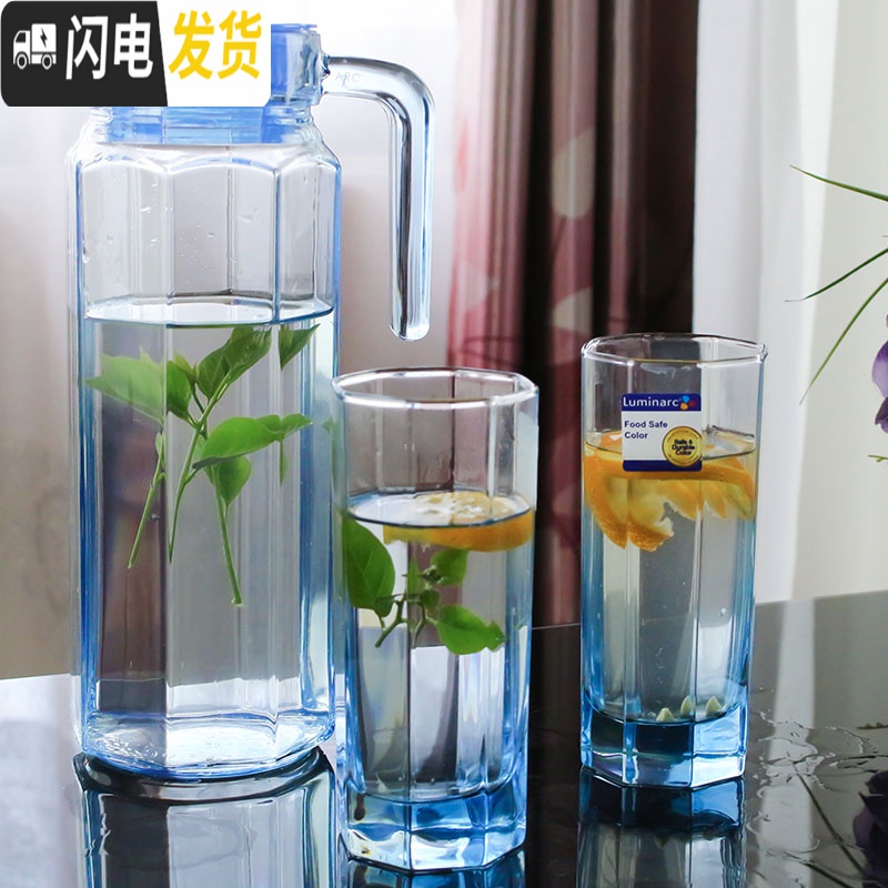 三维工匠玻璃杯套装水具套装耐热玻璃杯茶具套装冷水壶套装家用 冰蓝八角水具5件套高清大图