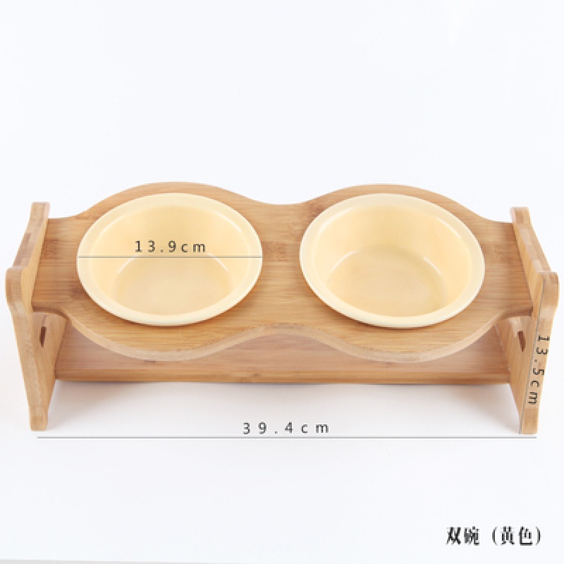 猫碗宠物用品碗陶瓷双碗食盆防打翻木架护颈吃饭喝水斜口碗猫咪碗 双圆碗+木架+纯黄色 高度调节大小通用