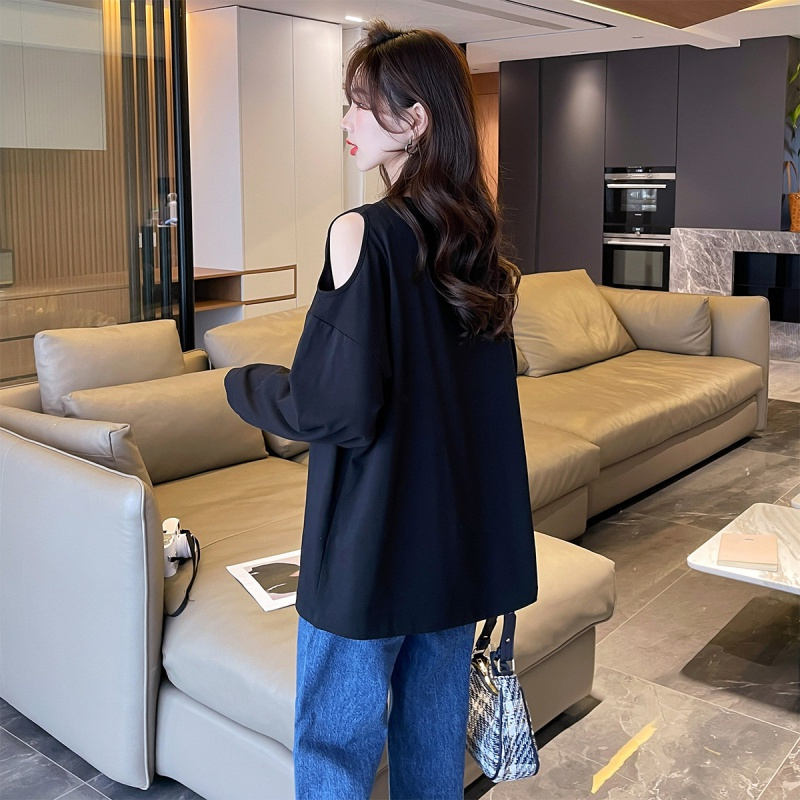 唐狮 长袖T恤女春夏季新款韩系简约圆领肩部镂空小众设计百搭
