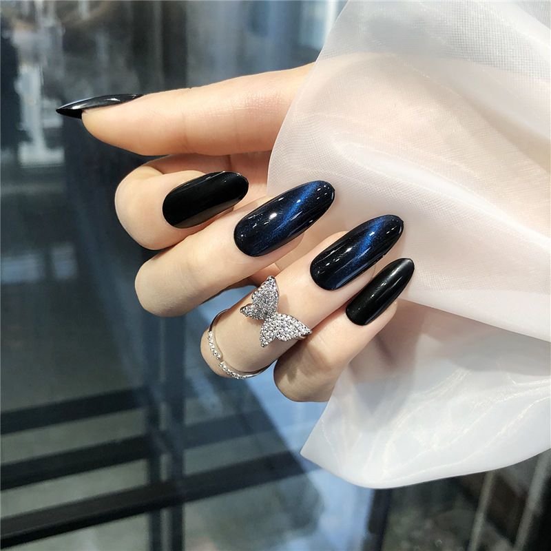 时尚/美妆>图书其它>长款蓝黑色蓝猫眼穿戴美甲贴片光疗成品假指甲