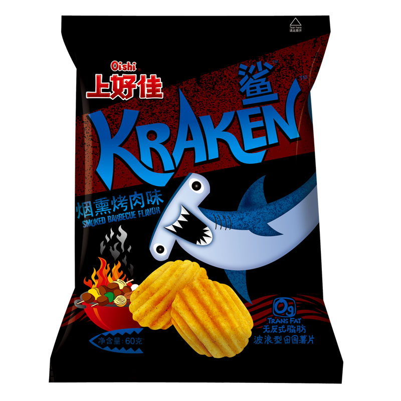 上好佳鲨波浪薯片烟熏烤肉味60g袋