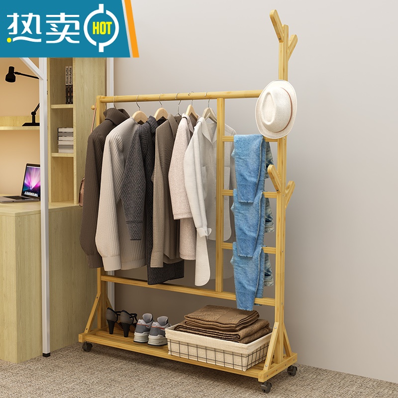 敬平简易衣架落地小型阳台衣服架子家用卧室晾衣杆多功能衣帽架挂衣架 [升级款]60长-原色 大晾晒架高清大图