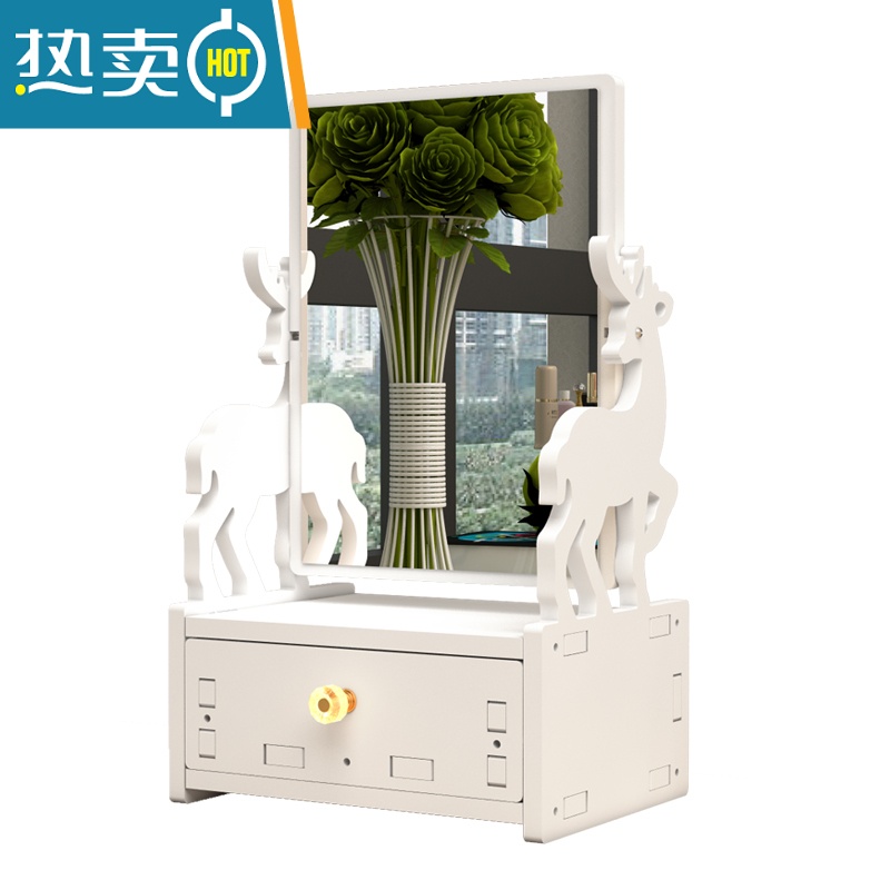 敬平化妆镜便携镜子少女网红桌面梳妆镜学生宿舍梳妆台简易镜带收纳盒便携式用镜 可爱圆加大双抽屉收纳镜(加厚) 送兔子手机支高清大图