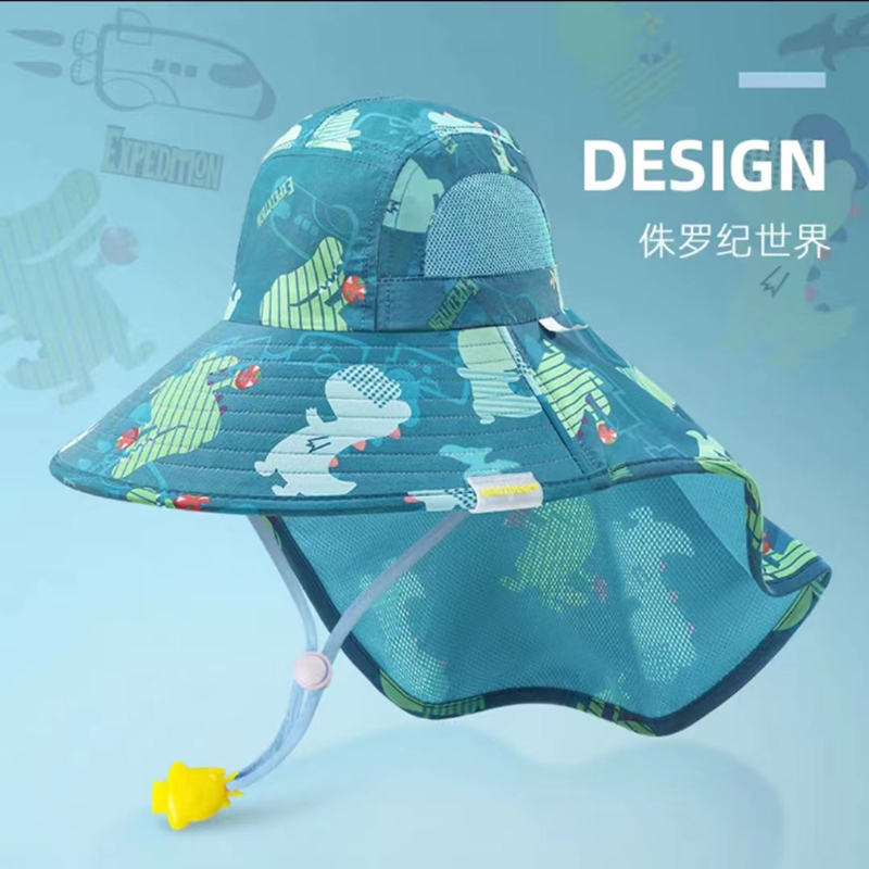 甜甜仔儿童披肩遮阳帽防晒帽宝宝遮阳帽女童渔夫帽男童太阳帽夏季沙滩帽子防紫外线 侏罗纪世界（插画设计师款） S幼童款:48-52cm(建议1-4岁)