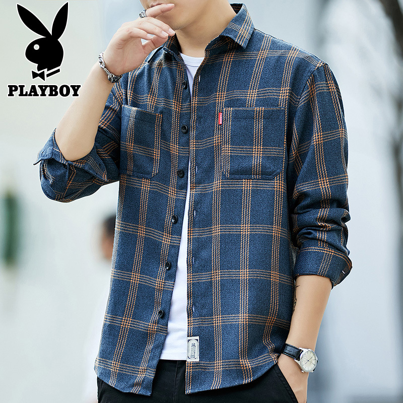 花花公子男衬衫长袖修身春秋潮流休闲男装衬衣格子商务上衣外套