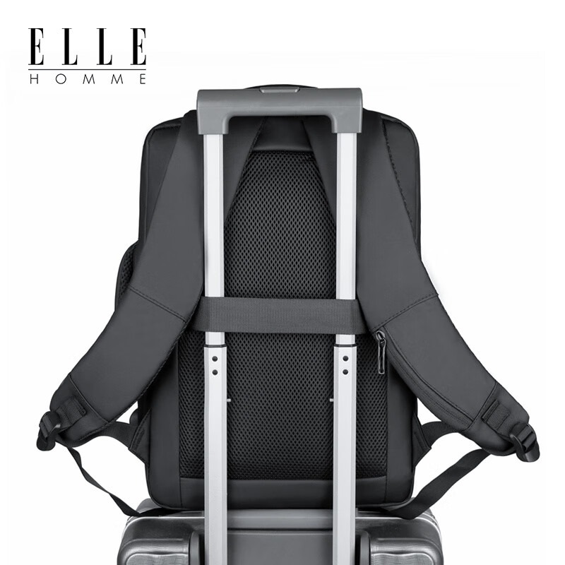 ELLE HOMME新款时尚双肩包休闲背包大容量电脑包书包 防泼水 可装15.6寸笔记本 EH2801 神秘黑高清大图