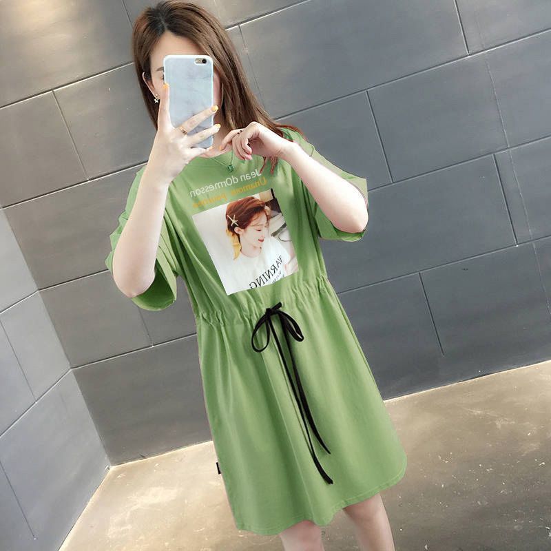 莆兮思puxisi 牛油果绿连衣裙女夏胖mm200斤韩版大码宽松显瘦短袖T恤中长款裙子